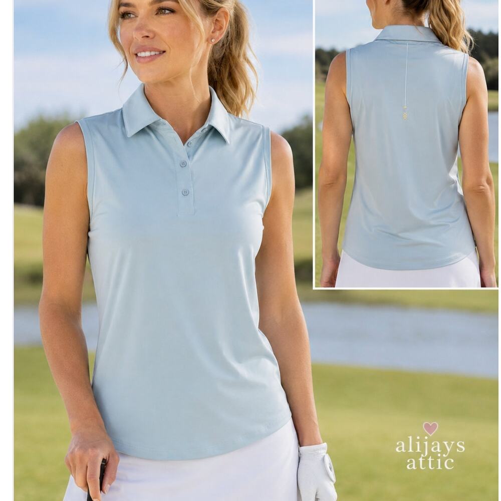 Rhone Sleeveless Golf Polo Robin Egg Blue Performance Shirt L NWOT Description